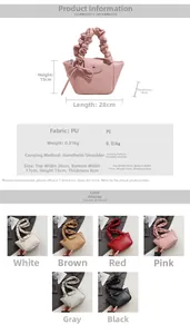 Detailed size specifications and multi-color chart for the pleated women's PU handbag