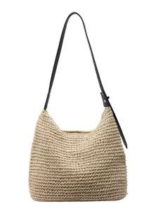 Grande borsa hobo in paglia intrecciata con tracolla in pelle nera per vacanze al mare