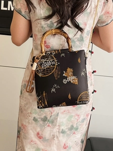 Lace beaded oriental style handbag with bamboo handle and traditional embroidery