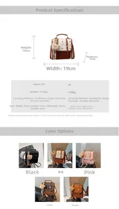 Detailed size chart for retro monogram backpack with measurements and five color options