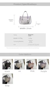 Detailed size specifications and color options for woven bucket bag with tassel