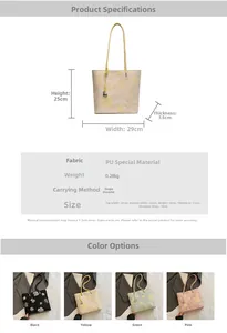 Detailed size guide for floral print bucket bag with dimensions and color options