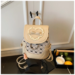 Chic cream heart lace backpack with bow patterns and silver chain for women