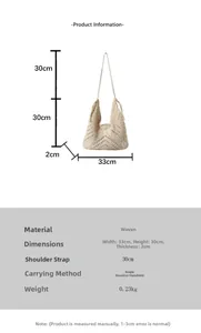 Detailed size specifications for a woven straw tote bag with dimensions and strap length