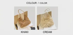 Detail view of woven straw tote bags in khaki and cream white with fringe accents
