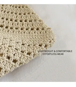 Close-up of the beige crochet knit texture and intricate mesh pattern of the tote bag