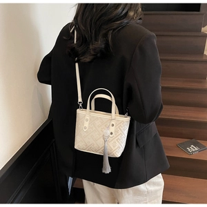 Detailed relief pattern on a beige mini tote bag with a long tassel accessory