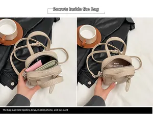 Detail view of beige lychee texture mini bag showing internal capacity for phone and keys