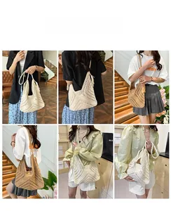 Detailed views of vintage hollow crochet tote bag in beige and khaki for summer