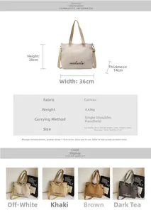 Detailed size chart and dimensions of the large capacity canvas tote bag for women