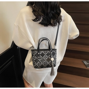 Detail of a chic monochrome bucket bag featuring jacquard patterns and a long silk tassel