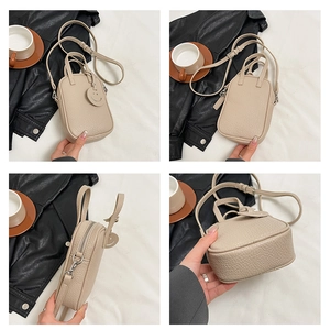 Detailed multi-angle views of beige pebble leather crossbody bag with charm