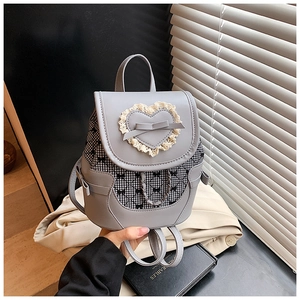 Kawaii mini backpack in grey with heart lace detail and metal chain学院风 schoolbag style