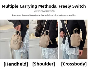 Three-way display of apricot textured leather handbag with detachable shoulder strap