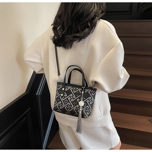 Detailed view of a mini bucket bag with geometric maze pattern and grey tassel on a model