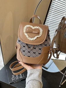Vintage brown PU leather mini backpack with houndstooth pattern and delicate bow accents