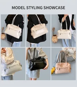 Collage of model wearing colorful glossy tote bags in various lifestyle settings