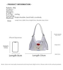 Comparaison de taille du sac en PU bleu clair avec iPhone 16 Pro Max et dimensions