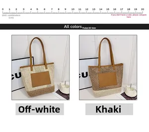 Detail view of woven straw tote bags in beige and khaki showing mesh texture and straps