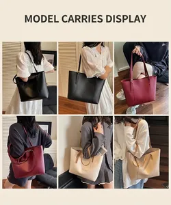 Collage de mannequin portant un grand sac cabas en similicuir en quatre couleurs neutres