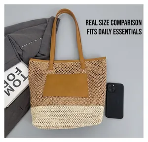 Top view of large straw tote bag capacity shown with phone and magazine comparison