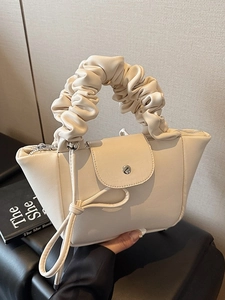 Fashionable off-white pleated handle handbag with a magnetic flap closure for women