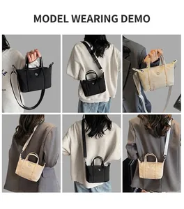 Detailed views of a minimalist canvas handbag featuring crossbody strap and metal logo