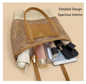 Top view of spacious straw tote bag showing large capacity for daily essentials