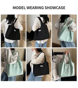 Multiple views of a textured canvas tote bag featuring polka dot pattern and Nice Day label