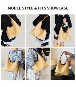 Detail shots of large woven straw hobo bag with PU leather straps for daily commute