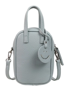Grey-blue pebble leather mini handbag with top handles and adjustable crossbody strap