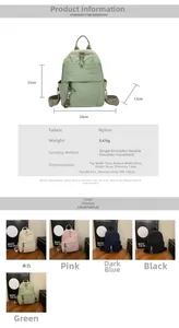 Detailed spec sheet showing five colors and three-way carrying of nylon backpack
