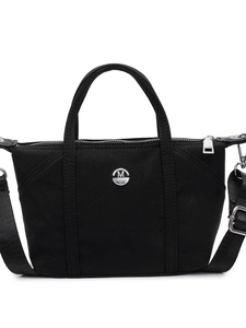 Minimalist black canvas tote bag with adjustable shoulder strap and silver M FASHION logo
