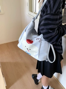 Sac fourre-tout gris clair avec motif de chien de dessin animé et larges bretelles réglables