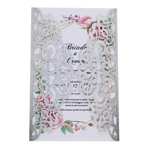 Silver glitter laser cut wedding invitation with elegant pink rose floral inner card