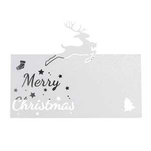Glitzernde silberne Elch- und Weihnachtsbaum-Platzkarten mit Sternen und Merry Christmas Text