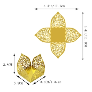 Laser-cut hollow gold rose paper gift box with flat and folded views for wedding party