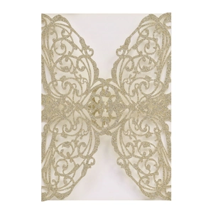 Champagne gold laser cut wedding invitation card with elegant bow and glitter finish