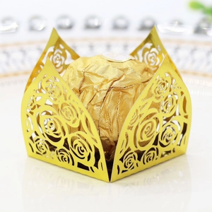 Detailed laser-cut gold hollow rose chocolate decorative holder for festive party favors