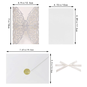 Detailed dimensions of laser-cut wedding invitation set with ribbon and glitter shell