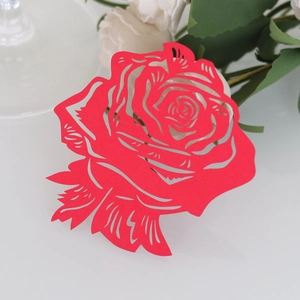 Elegant red laser-cut rose wine glass card for weddings and banquet party decorations