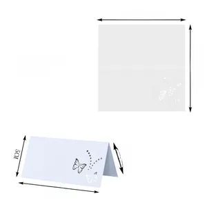 Detailed size chart for white laser-cut butterfly place cards with folded dimensions
