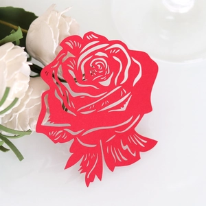 Laser-cut red paper rose glass card with intricate floral details for wedding decoration