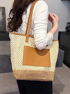 Large capacity woven straw tote bag with brown leather handles and front pocket for summer