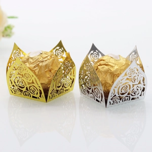 Detailed laser cut rose patterns on gold and silver hollow wedding chocolate wrappers