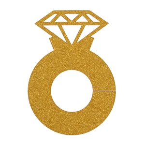 Close-up of golden glitter cardstock place cards in a diamond ring shape for parties