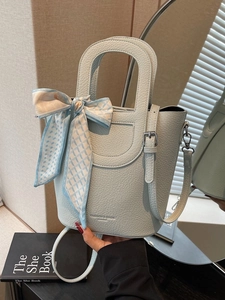 Borsa a Secchiello da Donna in Pelle PU con Trama Litchi Borsa a Mano Minimalista con Foulard Borsa a Tracolla per il Pendolarismo