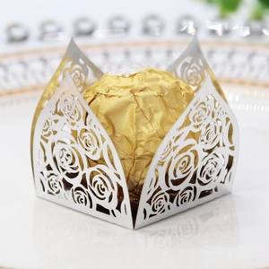 Macro shot of laser-cut silver rose pattern wrapper for chocolate wedding favors