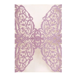 Pink glitter laser cut wedding invitation card with elegant floral lace and hollow design