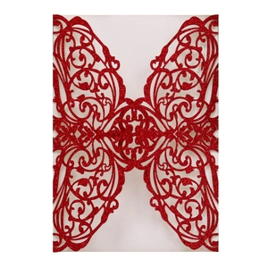 Detailed laser cut red hollow wedding invitation with glitter finish and butterfly design